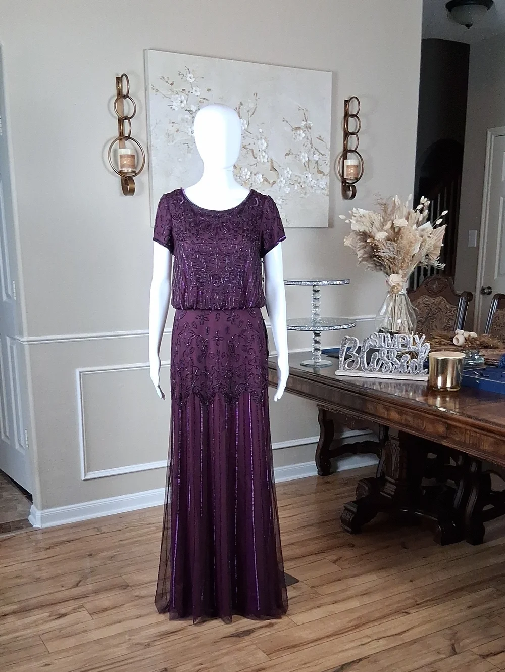 New Adrianna Papell Evening Beaded Dress Plum Floor-Length Short Sleeves Small - Picture 4 of 16